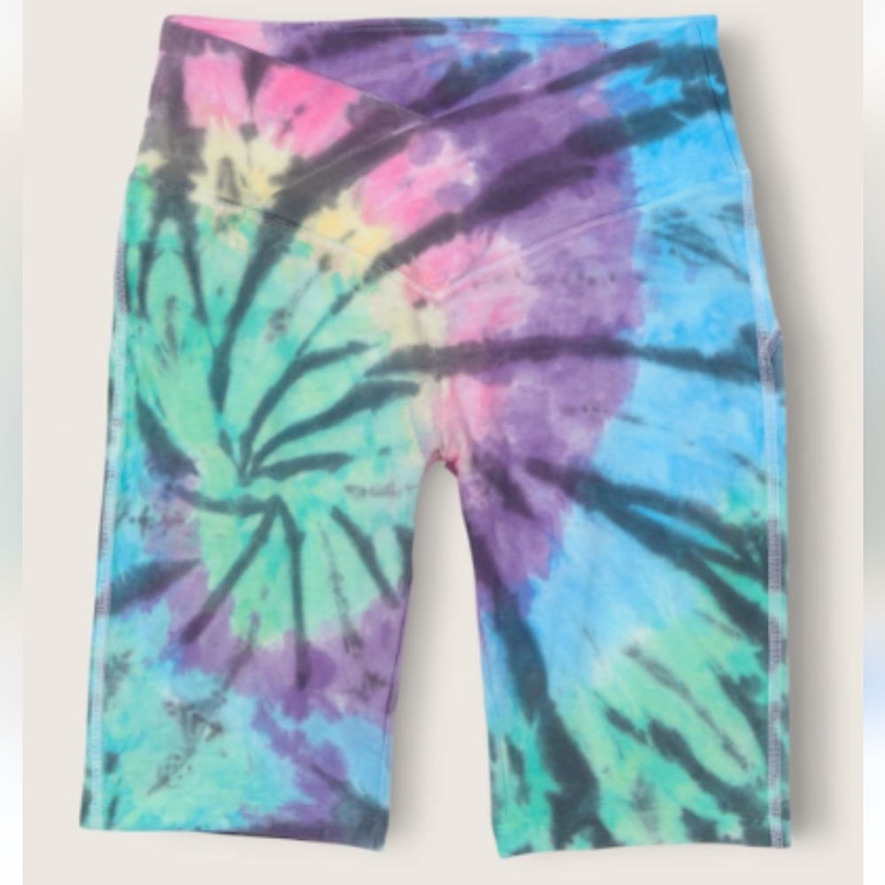 Pink Dark Rainbow Spiral Tie Dye Cotton High Waist 9" V Crossover Bike Shorts XS